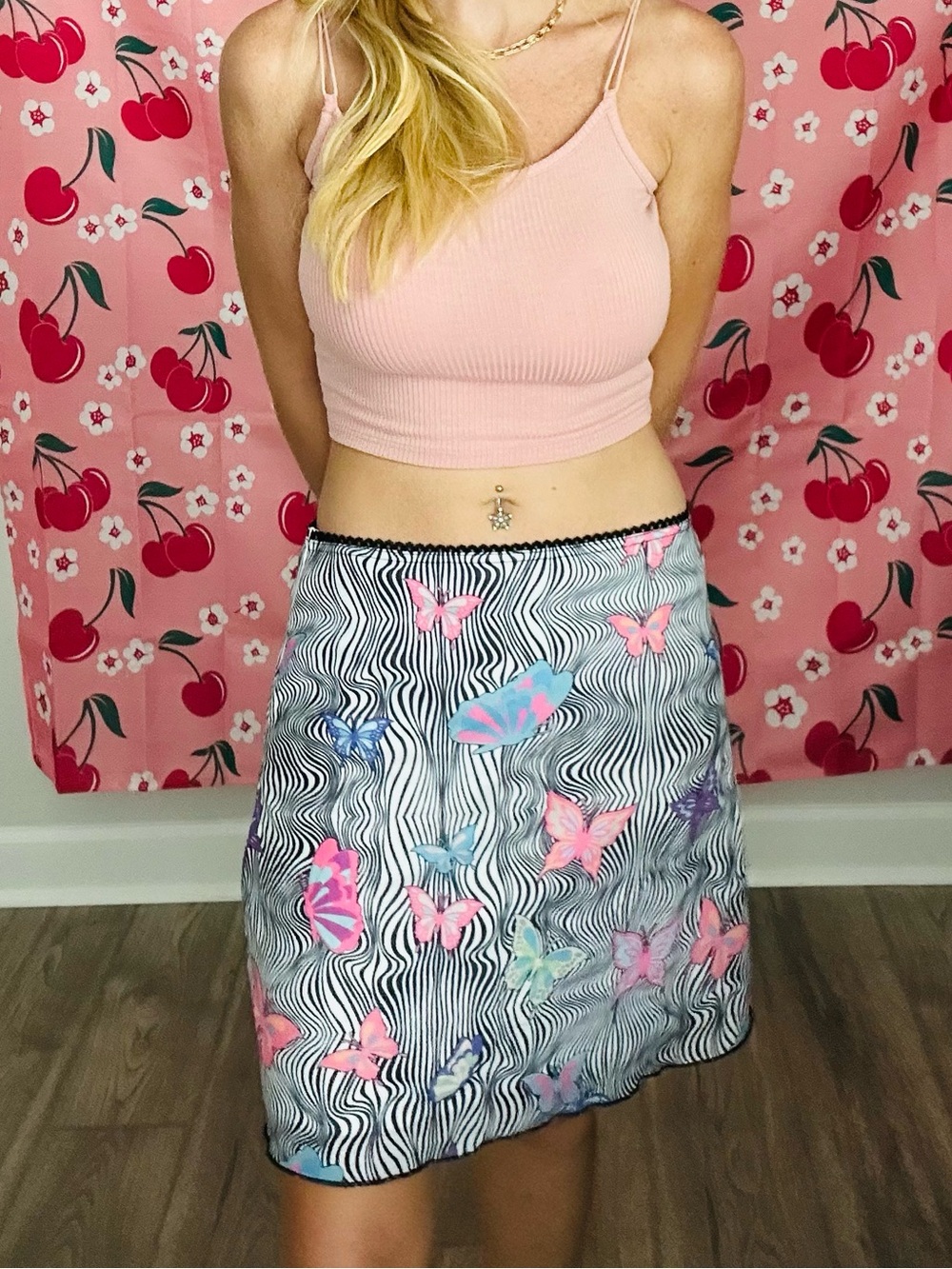 Princess Polly Zebra Wave Butterfly Midi Skirt in Black & Pink Accents